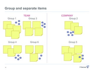 Group and separate items

               TEAM          COMPANY
     Group 1      Group 3         Group 2




     Group 4       Group 6        Group 5




18
 