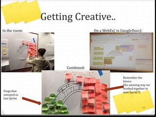 On-line Resources
0 www.innovationgames.com
0 http://retrospectivewiki.org/index.php?title=Main_Pa
ge
0 http://www.strongandagile.co.uk/index.php/facilitati
ng-distributed-team-retrospectives/
0 http://en.wikipedia.org/wiki/Six_Thinking_Hats
26
 