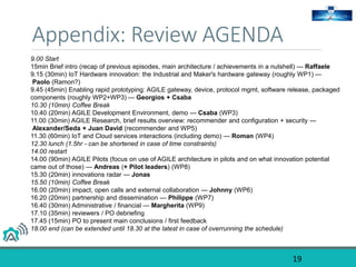 Appendix: Review AGENDA
19
9.00 Start
15min Brief intro (recap of previous episodes, main architecture / achievements in a nutshell) — Raffaele
9.15 (30min) IoT Hardware innovation: the Industrial and Maker's hardware gateway (roughly WP1) —
Paolo (Ramon?)
9.45 (45min) Enabling rapid prototyping: AGILE gateway, device, protocol mgmt, software release, packaged
components (roughly WP2+WP3) — Georgios + Csaba
10.30 (10min) Coffee Break
10.40 (20min) AGILE Development Environment, demo — Csaba (WP3)
11.00 (30min) AGILE Research, brief results overview: recommender and configuration + security —
Alexander/Seda + Juan David (recommender and WP5)
11.30 (60min) IoT and Cloud services interactions (including demo) — Roman (WP4)
12.30 lunch (1.5hr - can be shortened in case of time constraints)
14.00 restart
14.00 (90min) AGILE Pilots (focus on use of AGILE architecture in pilots and on what innovation potential
came out of those) — Andreas (+ Pilot leaders) (WP8)
15.30 (20min) innovations radar — Jonas
15.50 (10min) Coffee Break
16.00 (20min) impact, open calls and external collaboration — Johnny (WP6)
16.20 (20min) partnership and dissemination — Philippe (WP7)
16.40 (30min) Administrative / financial — Margherita (WP9)
17.10 (35min) reviewers / PO debriefing
17.45 (15min) PO to present main conclusions / first feedback
18.00 end (can be extended until 18.30 at the latest in case of overrunning the schedule)
 