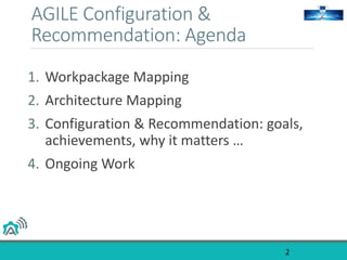 AGILE Configuration &
Recommendation: Agenda
1. Workpackage Mapping
2. Architecture Mapping
3. Configuration & Recommendation: goals,
achievements, why it matters …
4. Ongoing Work
2
 