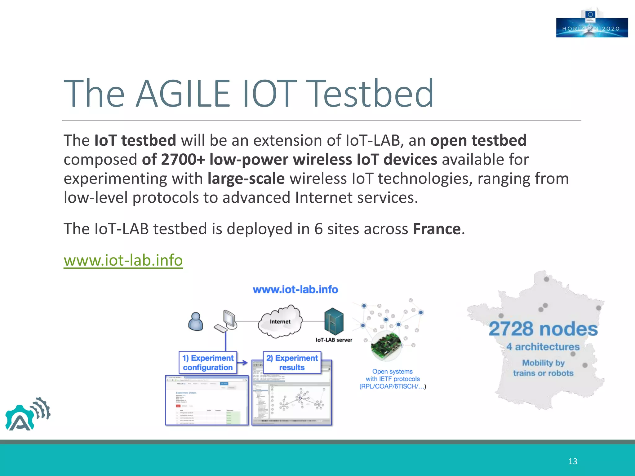The AGILE IOT Testbed
The IoT testbed will be an extension of IoT-LAB, an open testbed
composed of 2700+ low-power wireless IoT devices available for
experimenting with large-scale wireless IoT technologies, ranging from
low-level protocols to advanced Internet services.
The IoT-LAB testbed is deployed in 6 sites across France.
www.iot-lab.info
13
 