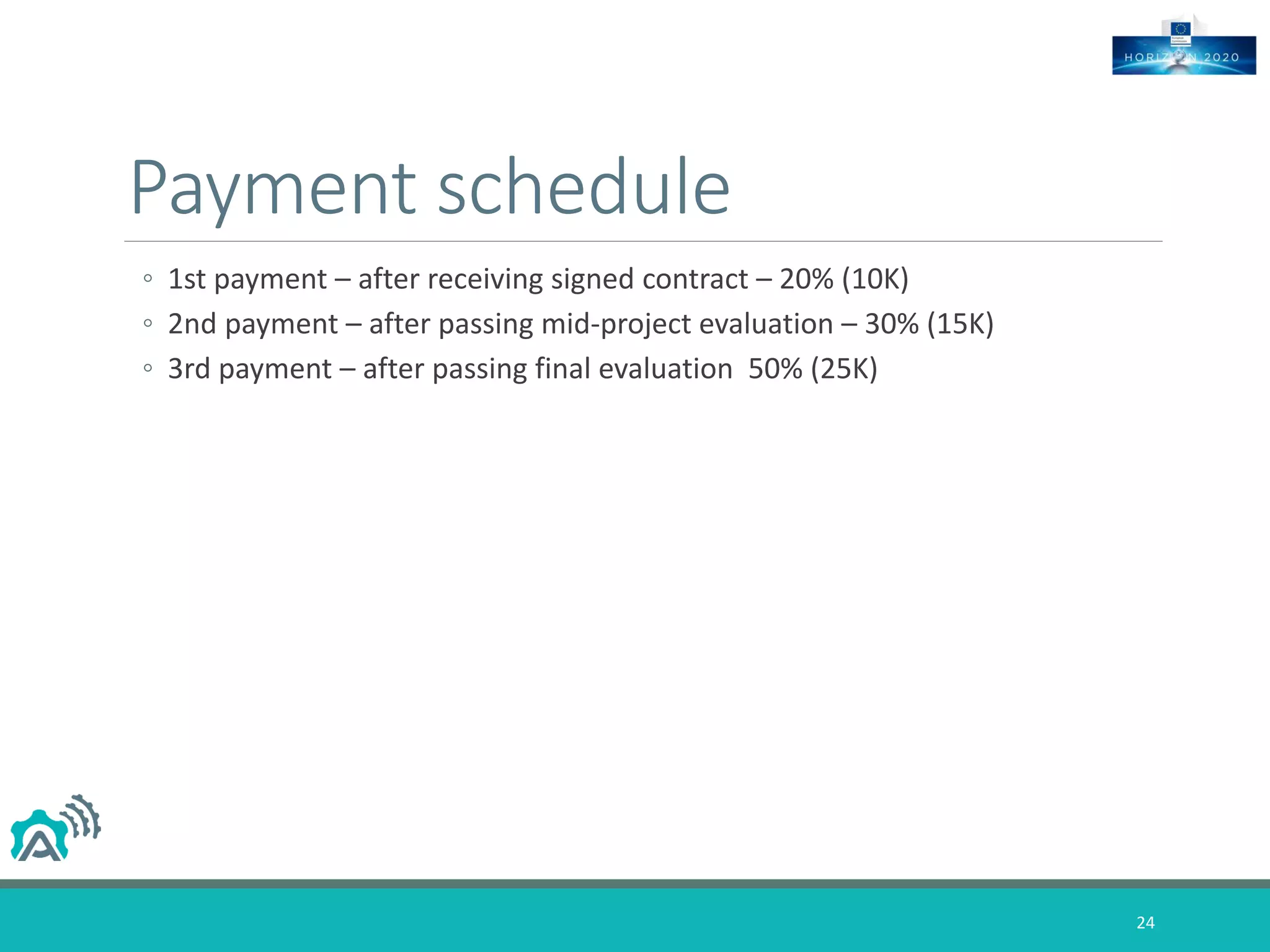 Payment schedule
◦ 1st payment – after receiving signed contract – 20% (10K)
◦ 2nd payment – after passing mid-project evaluation – 30% (15K)
◦ 3rd payment – after passing final evaluation 50% (25K)
24
 