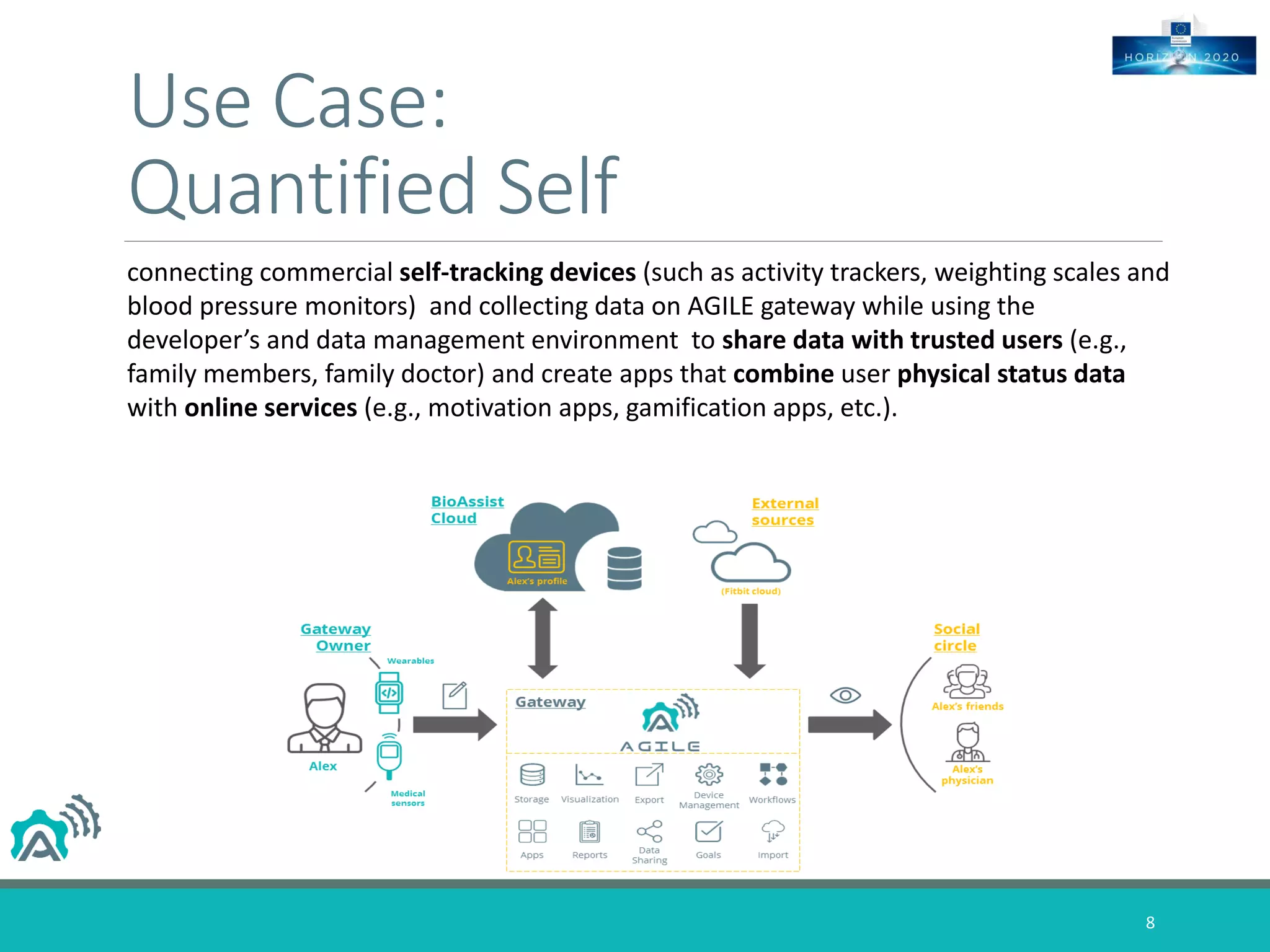 Use Case:
Quantified Self
connecting commercial self-tracking devices (such as activity trackers, weighting scales and
blood pressure monitors) and collecting data on AGILE gateway while using the
developer’s and data management environment to share data with trusted users (e.g.,
family members, family doctor) and create apps that combine user physical status data
with online services (e.g., motivation apps, gamification apps, etc.).
8
 