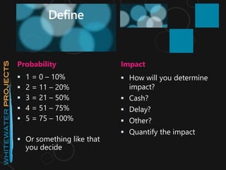 Define
Probability Impact
 1 = 0 – 10%
 2 = 11 – 20%
 3 = 21 – 50%
 4 = 51 – 75%
 5 = 75 – 100%
 Or something like that
you decide
 How will you determine
impact?
 Cash?
 Delay?
 Other?
 Quantify the impact
 