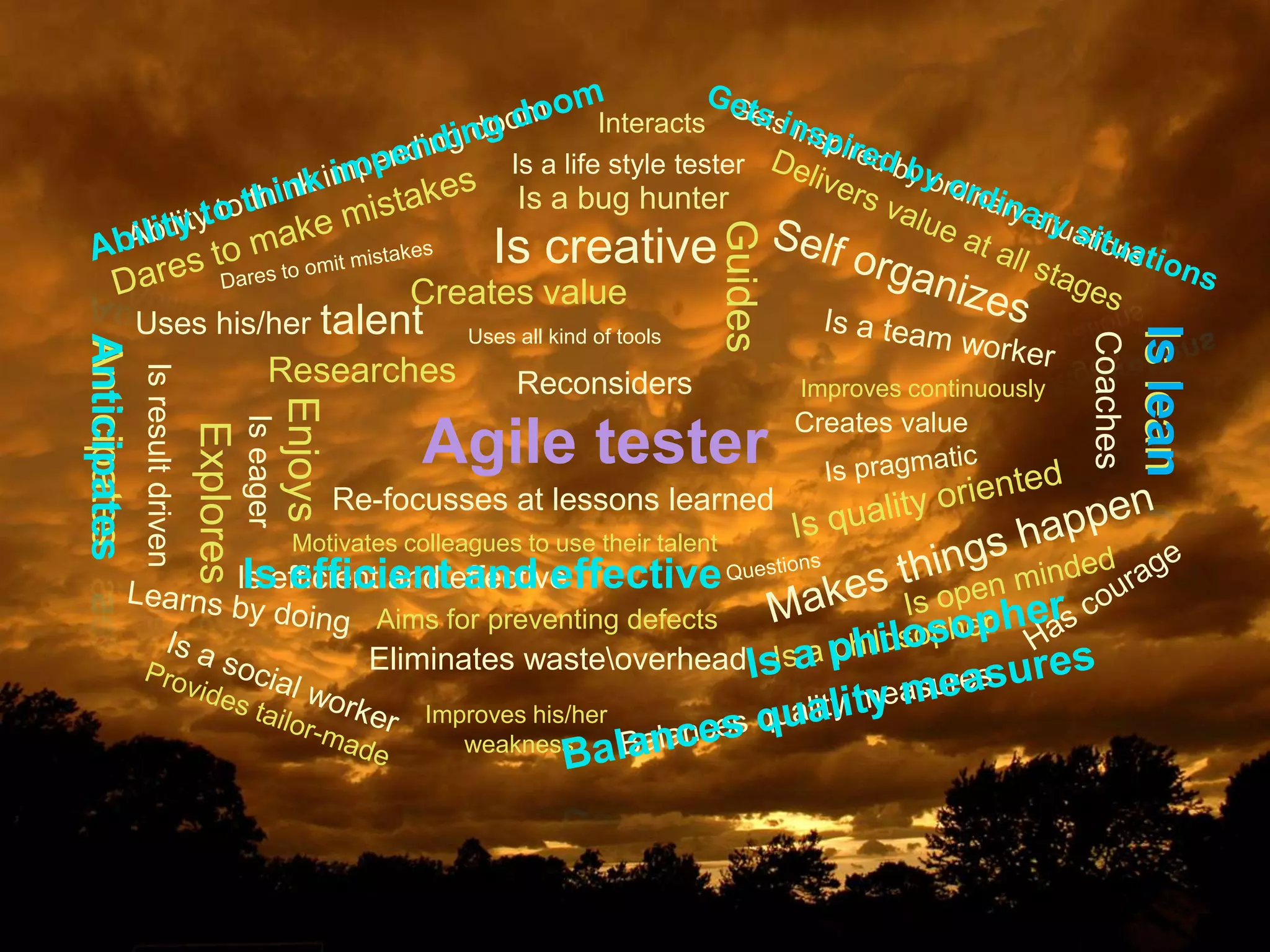 Interacts
Is a life style tester

Is a bug hunter

Creates value

Agile tester
Re-focusses at lessons learned

Motivates colleagues to use their talent

Is efficient and effective
Is efficient and effective
Aims for preventing defects

Eliminates wasteoverhead
Improves his/her
weakness

Improves continuously

Creates value

Is lean
Is lean

Is eager

Enjoys

Reconsiders

Coaches

Uses all kind of tools

Researches

Explores

Is result driven

Anticipates
Anticipates

Uses his/her talent

Guides

Is creative

 
