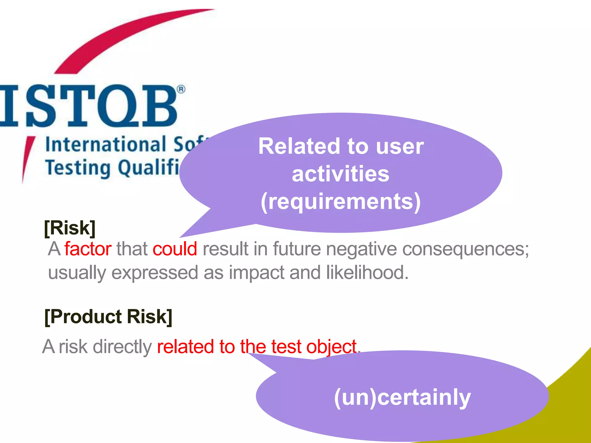 Related to user
activities
(requirements)
[Risk]
A factor that could result in future negative consequences;
usually expressed as impact and likelihood.
[Product Risk]

A risk directly related to the test object.

(un)certainly

 