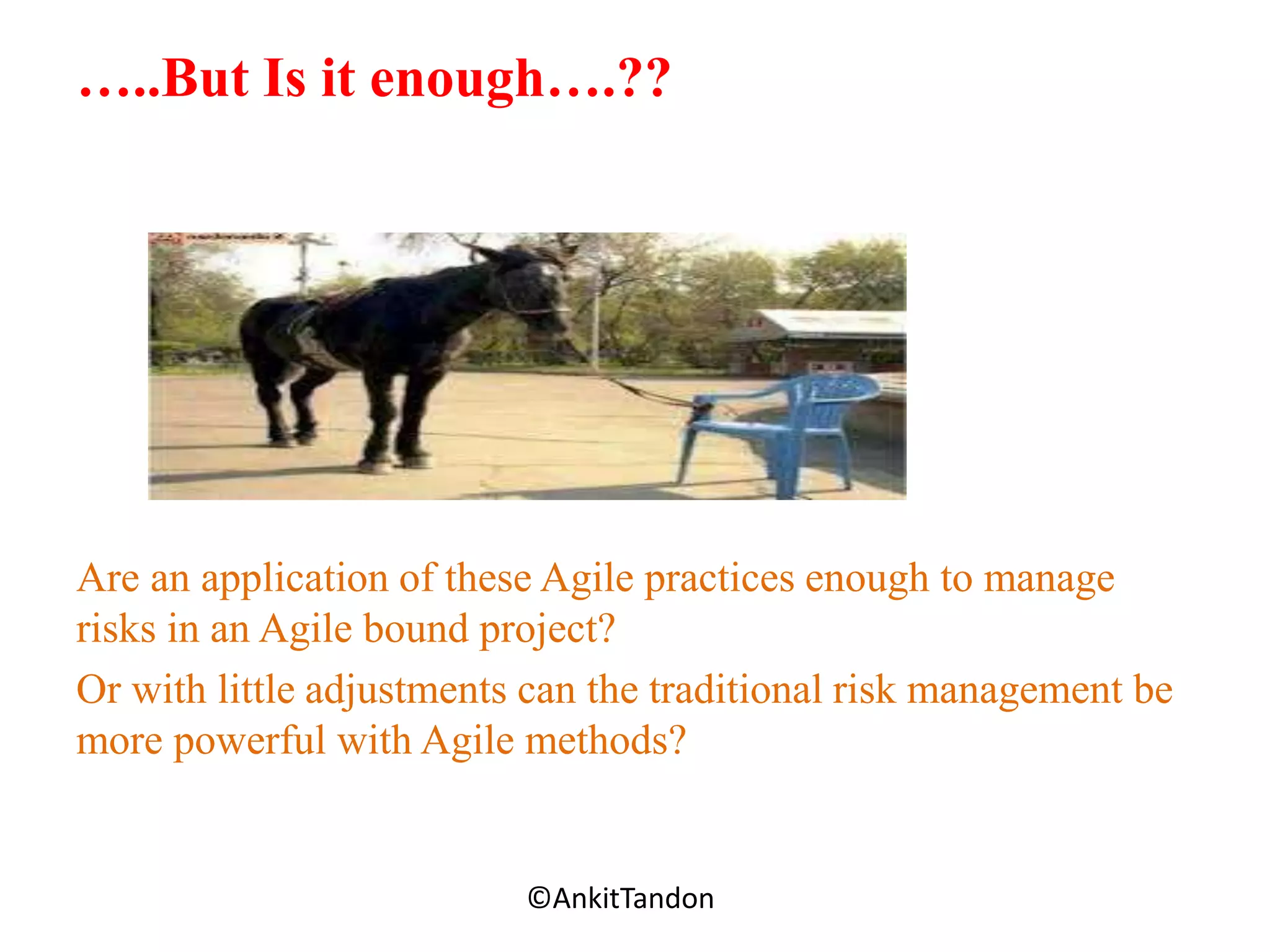 …..But Is it enough….??
Are an application of these Agile practices enough to manage
risks in an Agile bound project?
Or with little adjustments can the traditional risk management be
more powerful with Agile methods?
Employee-Personal©AnkitTandon
 