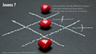 Vous souvenez-vous des différents modules ?
Dans quel module vous situez-vous ?
Échangez avec vos voisins sur ce module…
 