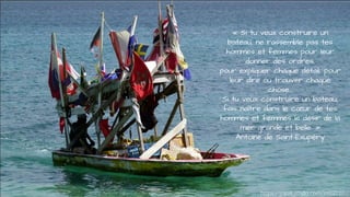 « Si tu veux construire un
bateau, ne rassemble pas tes
hommes et femmes pour leur
donner des ordres,
pour expliquer chaque détail, pour
leur dire où trouver chaque
chose…
Si tu veux construire un bateau,
fais naître dans le cœur de tes
hommes et femmes le désir de la
mer grande et belle. »
Antoine de Saint-Exupéry
https://gigall.jimdo.com/insolite/
 