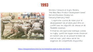 Hirotaka Takeuchi et Ikujiro Nonaka,
“The New New Product Development Game”:
Harvard Business Review 64,
(January–February 1986)
… L’approche course de relais pour le
développement de produits…peut être en
conflit avec les objectifs de vitesse et de
flexibilité maximum.
A l’inverse, une approche holistique comme
au rugby— quand une équipe essaie d’avancer
en restant unie, en se passant le ballon de
main en main— peut mieux servir les
exigences de compétitivité d’aujourd’hui.
 