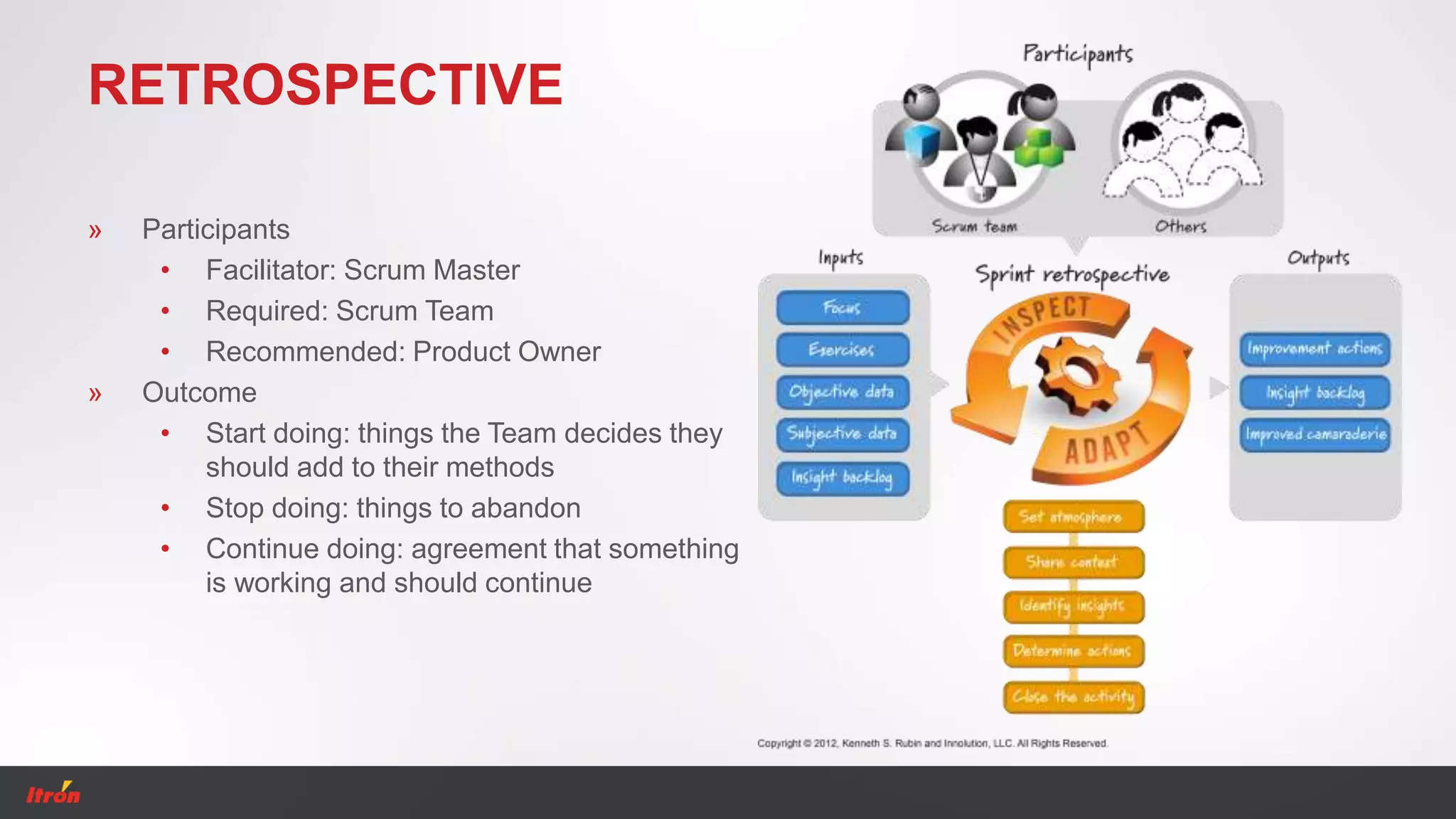 RETROSPECTIVE
» Participants
• Facilitator: Scrum Master
• Required: Scrum Team
• Recommended: Product Owner
» Outcome
• Start doing: things the Team decides they
should add to their methods
• Stop doing: things to abandon
• Continue doing: agreement that something
is working and should continue
 