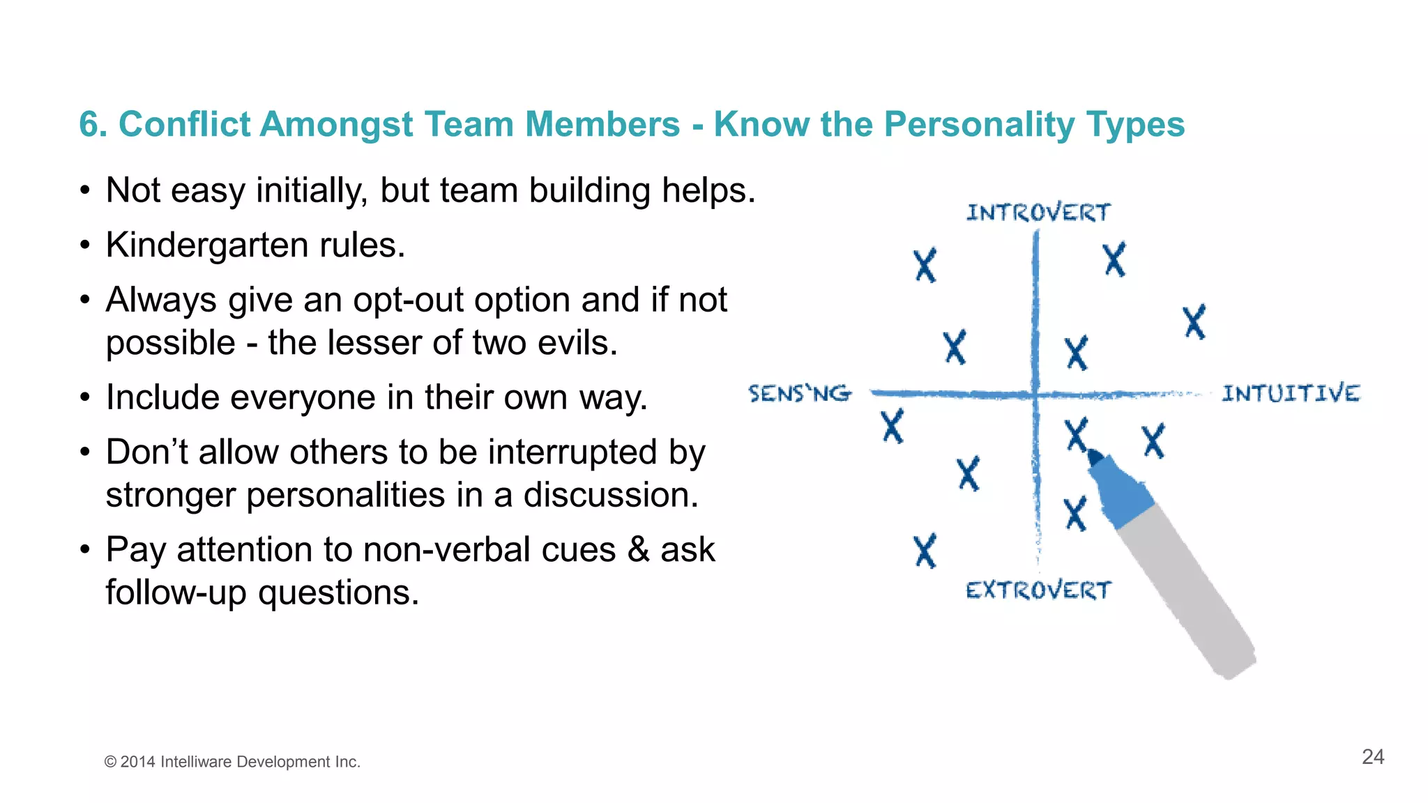 24
• Not easy initially, but team building helps.
• Kindergarten rules.
• Always give an opt-out option and if not
possible - the lesser of two evils.
• Include everyone in their own way.
• Don’t allow others to be interrupted by
stronger personalities in a discussion.
• Pay attention to non-verbal cues & ask
follow-up questions.
© 2014 Intelliware Development Inc.
6. Conflict Amongst Team Members - Know the Personality Types
 