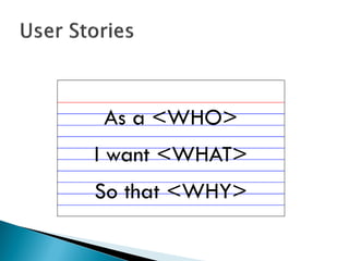 As a <WHO>
I want <WHAT>
So that <WHY>
 