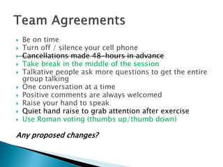  Be on time
 Turn off / silence your cell phone
 Cancellations made 48-hours in advance
 Take break in the middle of the session
 Talkative people ask more questions to get the entire
group talking
 One conversation at a time
 Positive comments are always welcomed
 Raise your hand to speak
 Quiet hand raise to grab attention after exercise
 Use Roman voting (thumbs up/thumb down)
Any proposed changes?
 