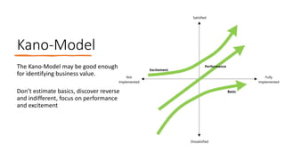 The Kano-Model may be good enough
for identifying business value.
Don’t estimate basics, discover reverse
and indifferent, focus on performance
and excitement
Kano-Model
 