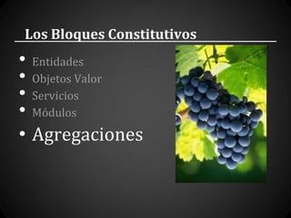 Los Bloques Constitutivos
• Entidades
• Objetos Valor
• Servicios
• Módulos
• Agregaciones
 