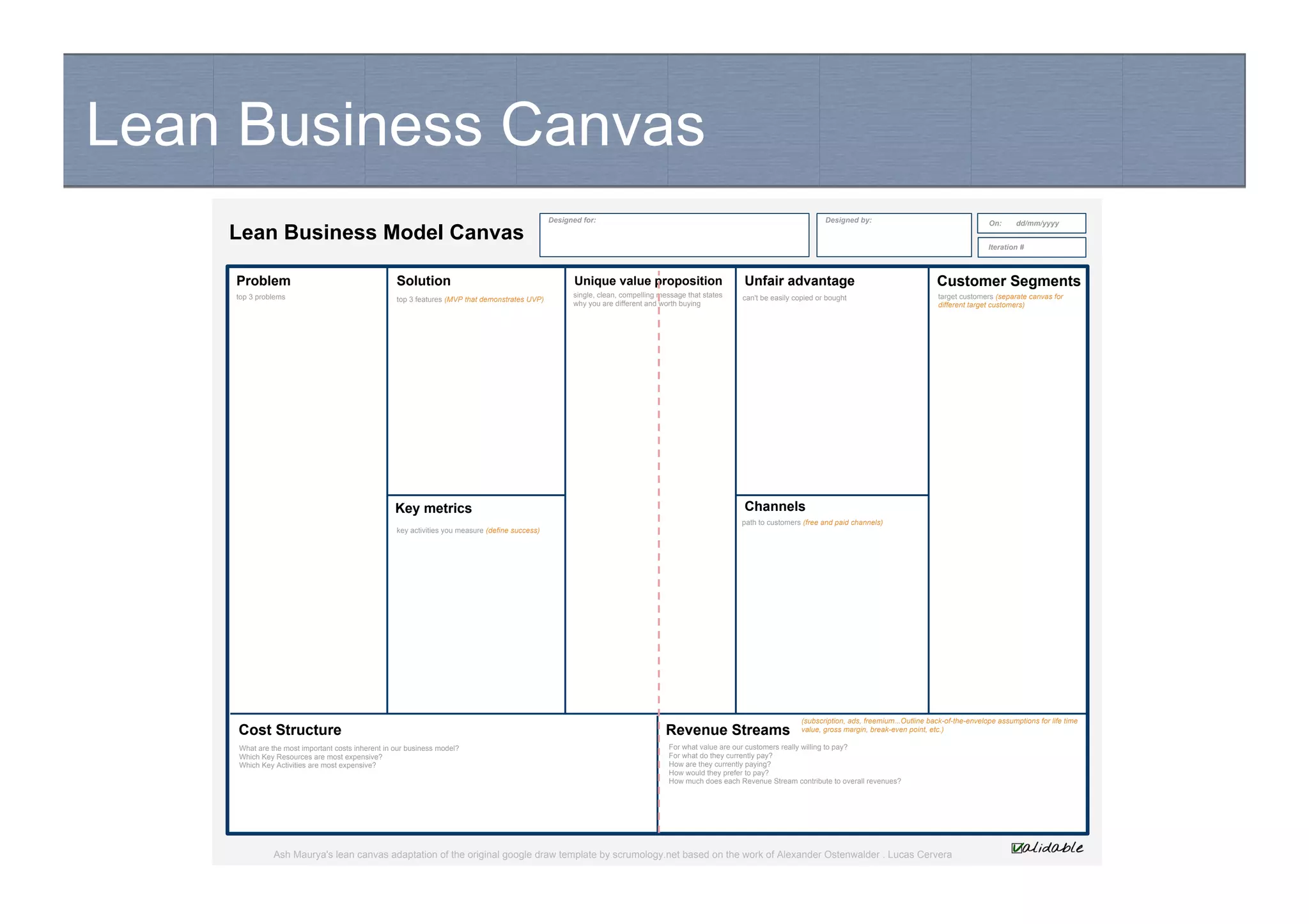 Lean Business Canvas
Hypothesis-driven development
Problem Solution
Key metrics
Unique value proposition Unfair advantage Customer Segments
Channels
Cost Structure Revenue Streams
top 3 problems top 3 features (MVP that demonstrates UVP)
single, clean, compelling message that states
why you are different and worth buying
can't be easily copied or bought target customers (separate canvas for
different target customers)
key activities you measure (define success)
path to customers (free and paid channels)
What are the most important costs inherent in our business model?
Which Key Resources are most expensive?
Which Key Activities are most expensive?
For what value are our customers really willing to pay?
For what do they currently pay?
How are they currently paying?
How would they prefer to pay?
How much does each Revenue Stream contribute to overall revenues?
Lean Business Model Canvas
Designed for: Designed by: On: dd/mm/yyyy
Iteration #
dd
ext
ere
dd
ext
ere
Add
Text
Here
dd
ext
ere
Add
Text
Here
Add
Text
Here
copy the post-its
below and paste
them in the canvas
Ash Maurya's lean canvas adaptation of the original google draw template by scrumology.net based on the work of Alexander Ostenwalder . Lucas Cervera
to create your
canvas, go to File/
share it with w
(subscription, ads, freemium...Outline back-of-the-envelope assumptions for life time
value, gross margin, break-even point, etc.)
 