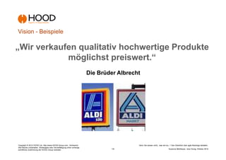Vision - Beispiele

„Wir verkaufen qualitativ hochwertige Produkte
            möglichst preiswert.“
                                                                           Die Brüder Albrecht




Copyright © 2012 HOOD Ltd. http://www.HOOD-Group.com Vertraulich.                            Denn Sie wissen nicht,, was sie tun...! Den Überblick über agile Backlogs behalten.
Alle Rechte vorbehalten. Weitergabe oder Vervielfältigung ohne vorherige
schriftliche Zustimmung der HOOD Group verboten.                                   -19-                                         Susanne Mühlbauer, Jens Donig; Oktober 2012
 