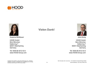 Vielen Dank!

      Susanne Mühlbauer                                                                                                                             Jens Donig
      HOOD GmbH                                                                                                                        HOOD GmbH
      Büro München                                                                                                                    Büro München
      Keltenring 7                                                                                                                       Keltenring 7
      82041 Oberhaching                                                                                                           82041 Oberhaching
      Germany                                                                                                                              Germany
      Tel: 0049 89 4512 53 0                                                                                               Tel: 0049 89 4512 53 0
      www.HOOD-Group.com                                                                                                  www.HOOD-Group.com



Copyright © 2012 HOOD Ltd. http://www.HOOD-Group.com Vertraulich.                         Denn Sie wissen nicht,, was sie tun...! Den Überblick über agile Backlogs behalten.
Alle Rechte vorbehalten. Weitergabe oder Vervielfältigung ohne vorherige
schriftliche Zustimmung der HOOD Group verboten.                                -33-                                         Susanne Mühlbauer, Jens Donig; Oktober 2012
 