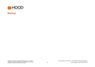 Backup




Copyright © 2012 HOOD Ltd. http://www.HOOD-Group.com Vertraulich.                 Denn Sie wissen nicht,, was sie tun...! Den Überblick über agile Backlogs behalten.
Alle Rechte vorbehalten. Weitergabe oder Vervielfältigung ohne vorherige
schriftliche Zustimmung der HOOD Group verboten.                           -34-                                      Susanne Mühlbauer, Jens Donig; Oktober 2012
 