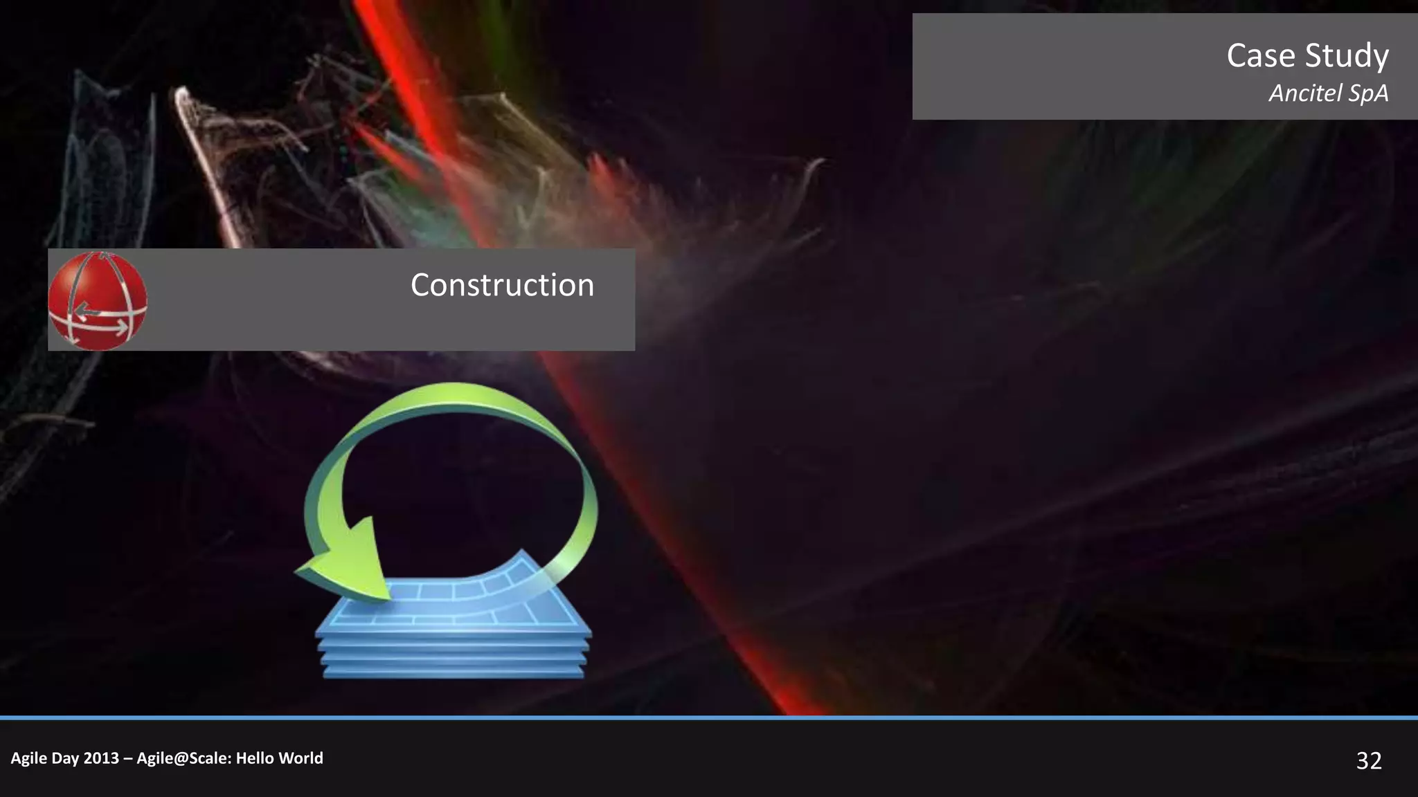 Case Study
Ancitel SpA

Construction

Agile Day 2013 – Agile@Scale: Hello World

32

 