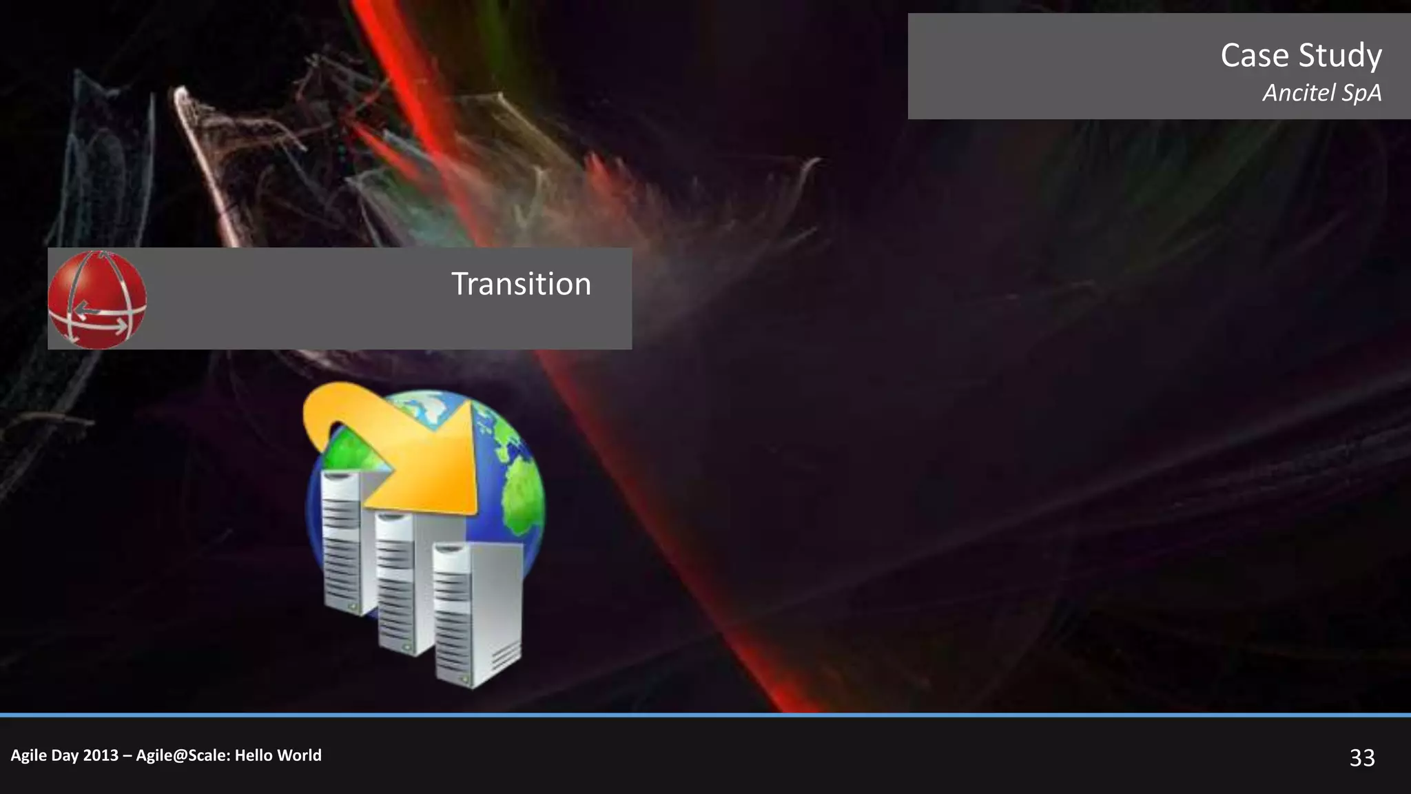 Case Study
Ancitel SpA

Transition

Agile Day 2013 – Agile@Scale: Hello World

33

 