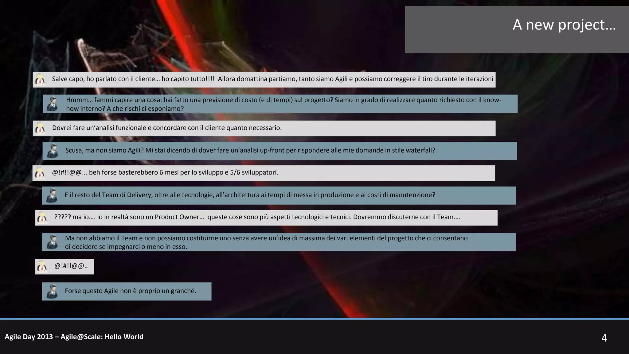 A new project…

Salve capo, ho parlato con il cliente… ho capito tutto!!!! Allora domattina partiamo, tanto siamo Agili e possiamo correggere il tiro durante le iterazioni
Hmmm… fammi capire una cosa: hai fatto una previsione di costo (e di tempi) sul progetto? Siamo in grado di realizzare quanto richiesto con il knowhow interno? A che rischi ci esponiamo?
Dovrei fare un’analisi funzionale e concordare con il cliente quanto necessario.

Scusa, ma non siamo Agili? Mi stai dicendo di dover fare un’analisi up-front per rispondere alle mie domande in stile waterfall?
@!#!!@@... beh forse basterebbero 6 mesi per lo sviluppo e 5/6 sviluppatori.
E il resto del Team di Delivery, oltre alle tecnologie, all’architettura ai tempi di messa in produzione e ai costi di manutenzione?
????? ma io…. io in realtà sono un Product Owner… queste cose sono più aspetti tecnologici e tecnici. Dovremmo discuterne con il Team….
Ma non abbiamo il Team e non possiamo costituirne uno senza avere un’idea di massima dei vari elementi del progetto che ci consentano
di decidere se impegnarci o meno in esso.
@!#!!@@..
.
Forse questo Agile non è proprio un granché.

Agile Day 2013 – Agile@Scale: Hello World

4

 