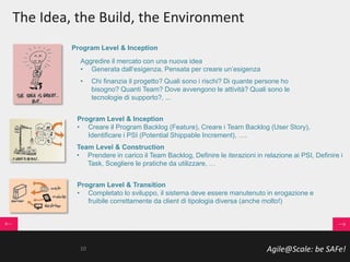 Agile@Scale: be SAFe!
The Idea, the Build, the Environment
Aggredire il mercato con una nuova idea
• Generata dall’esigenza, Pensata per creare un’esigenza
• Chi finanzia il progetto? Quali sono i rischi? Di quante persone ho
bisogno? Quanti Team? Dove avvengono le attività? Quali sono le
tecnologie di supporto?, ...
Program Level & Inception
Program Level & Inception
• Creare il Program Backlog (Feature), Creare i Team Backlog (User Story),
Identificare i PSI (Potential Shippable Increment), ….
Team Level & Construction
• Prendere in carico il Team Backlog, Definire le iterazioni in relazione ai PSI, Definire i
Task, Scegliere le pratiche da utilizzare, …
Program Level & Transition
• Completato lo sviluppo, il sistema deve essere manutenuto in erogazione e
fruibile correttamente da client di tipologia diversa (anche molto!)
10
 