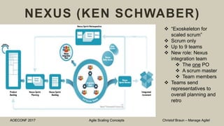NEXUS (KEN SCHWABER)
AOECONF 2017 Agile Scaling Concepts Christof Braun – Manage Agile!
 “Exoskeleton for
scaled scrum”
 Scrum only
 Up to 9 teams
 New role: Nexus
integration team
 The one PO
 A scrum master
 Team members
 Teams send
representatives to
overall planning and
retro
 