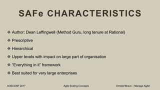 SAFe CHARACTERISTICS
 Author: Dean Leffingwell (Method Guru, long tenure at Rational)
 Prescriptive
 Hierarchical
 Upper levels with impact on large part of organisation
 “Everything in it” framework
 Best suited for very large enterprises
AOECONF 2017 Agile Scaling Concepts Christof Braun – Manage Agile!
 