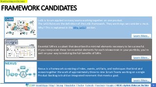 SmoothApps | Blog | Training | Newsletter | Twitter | LinkedIn | Facebook | Google+ | NEW – Agilato Videos on YouTube
Read my blog on this topic
FRAMEWORK CANDIDATES
LeSS is Scrum applied to many teams working together on one product.
The LeSS Rules are the definition of the LeSS Framework. They are things we consider a must.
Why? This is explained in the Why LeSS? section.
Essential SAFe is a subset that describes the minimal elements necessary to be successful.
If you incorporate these ten essential elements for each release train in your portfolio, you’re
well on your way to realizing the full benefits of SAFe.
Nexus is a framework consisting of roles, events, artifacts, and techniques that bind and
weave together the work of approximately three to nine Scrum Teams working on a single
Product Backlog to build an Integrated Increment that meets a goal.
Learn More…
Learn More…
Learn More…
5
 