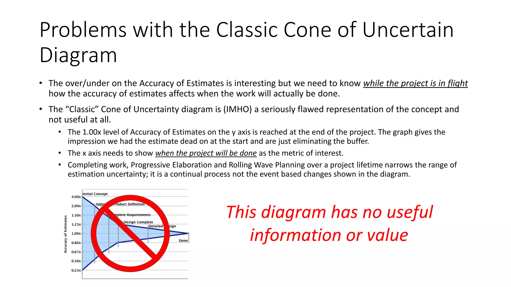 Problems with the Classic Cone of Uncertain
Diagram
• The over/under on the Accuracy of Estimates is interesting but we need to know while the project is in flight
how the accuracy of estimates affects when the work will actually be done.
• The “Classic” Cone of Uncertainty diagram is (IMHO) a seriously flawed representation of the concept and
not useful at all.
• The 1.00x level of Accuracy of Estimates on the y axis is reached at the end of the project. The graph gives the
impression we had the estimate dead on at the start and are just eliminating the buffer.
• The x axis needs to show when the project will be done as the metric of interest.
• Completing work, Progressive Elaboration and Rolling Wave Planning over a project lifetime narrows the range of
estimation uncertainty; it is a continual process not the event based changes shown in the diagram.
This diagram has no useful
information or value
 