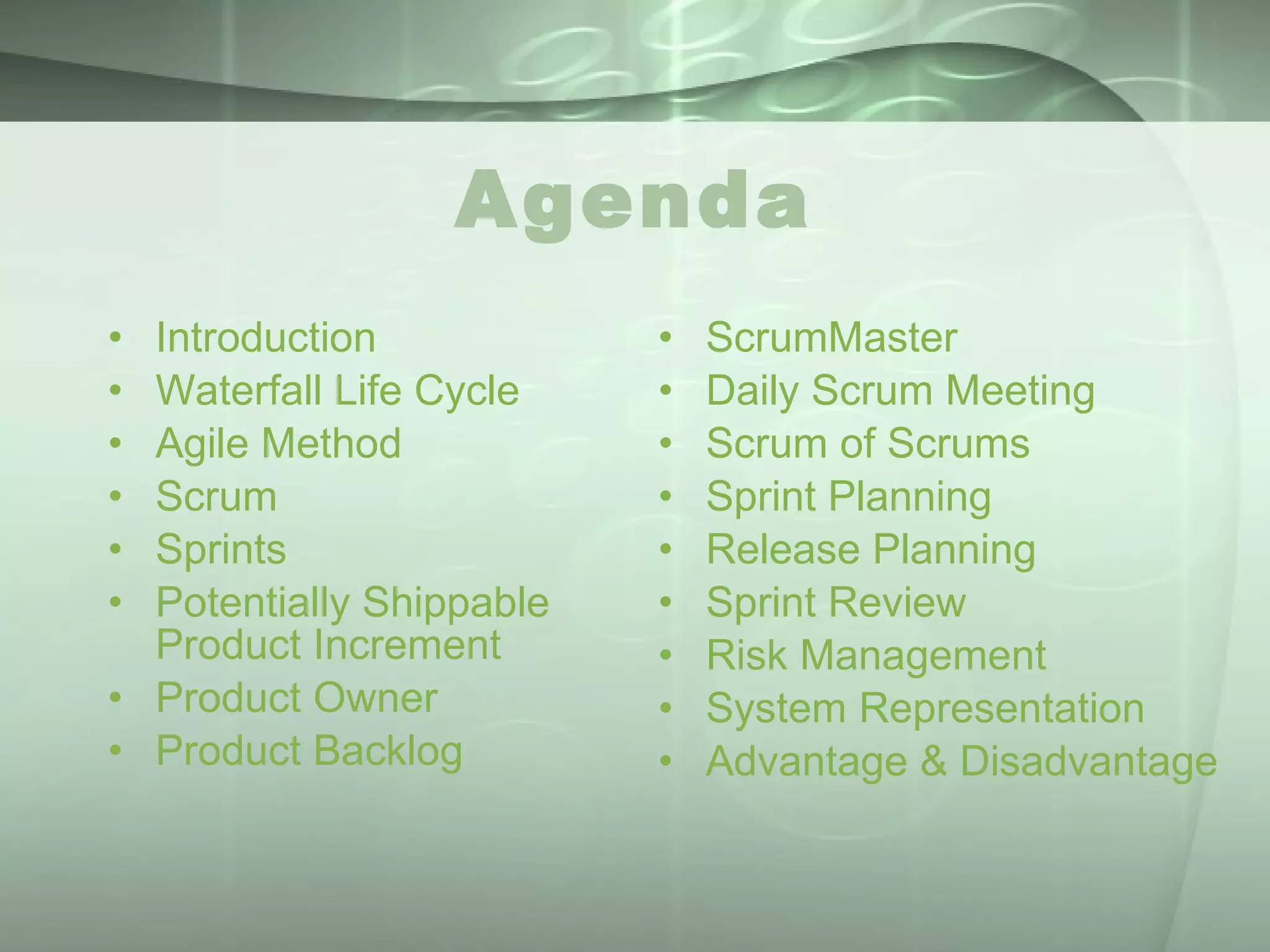 Agenda Introduction Waterfall Life Cycle Agile Method Scrum Sprints Potentially Shippable Product Increment Product Owner Product Backlog ScrumMaster Daily Scrum Meeting Scrum of Scrums Sprint Planning Release Planning Sprint Review Risk Management System Representation Advantage & Disadvantage 