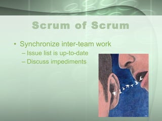 Scrum of Scrum Synchronize inter-team work Issue list is up-to-date Discuss impediments 