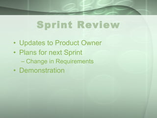 Sprint Review Updates to Product Owner Plans for next Sprint Change in Requirements Demonstration 