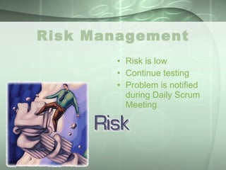 Risk Management Risk is low Continue testing Problem is notified during Daily Scrum Meeting 