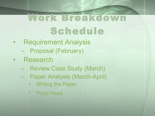 Work Breakdown Schedule Requirement Analysis  Proposal (February) Research  Review Case Study (March)  Paper Analysis (March-April) Writing the Paper  Proof Read   