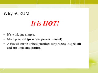 Why SCRUMIt is HOT!It’s work and simple.More practical (practical process model). A rule of thumb or best practices for process inspection and continue adaptation.