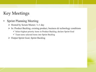 Ensures that the process is followed. Invites to daily scrum, iteration review and planning meetingsTeamCross-functional, seven plus/minus two members