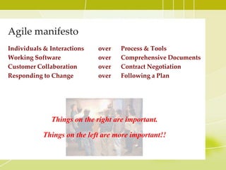 Agile manifestoIndividuals & Interactions	over	Process & ToolsWorking Software		over	Comprehensive DocumentsCustomer Collaboration		over	Contract NegotiationResponding to Change		over	Following a PlanThings on the right are important.Things on the left are more important!!