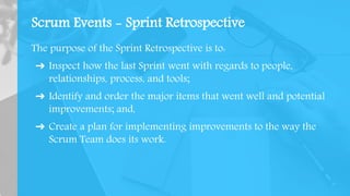 Scrum Events - Sprint Retrospective
The purpose of the Sprint Retrospective is to:
➔ Inspect how the last Sprint went with regards to people,
relationships, process, and tools;
➔ Identify and order the major items that went well and potential
improvements; and,
➔ Create a plan for implementing improvements to the way the
Scrum Team does its work.
 