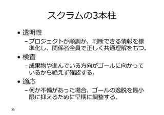 スクラムの3本柱
• 透明性
– プロジェクトが順調か、判断できる情報を標
準化し、関係者全員で正しく共通理解をもつ。
• 検査
– 成果物や進んでいる⽅向がゴールに向かって
いるから絶えず確認する。
• 適応
– 何か不備があった場合、ゴールの逸脱を最⼩
限に抑えるために早期に調整する。
35
 