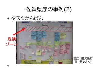 佐賀県庁の事例(2)
• タスクかんばん
危険
ゾーン
(協力：佐賀県庁
東 泰史さん)
73
 