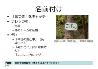p.79
名前付け
• 「気づき」をキャッチ
• ナレッジを，
–定着
–他のチームに伝播
• 例︓
–「今⽇のお仕事」（by
坂⽥さん）
–「ぬかどこ」(by 倉貫さ
ん)
–「にこにこカレンダー」
名前をつけないと，「気づき」が逃げて行っちゃう！POINT
名前は⼤切（写真協⼒︓平塚市博物館）
 