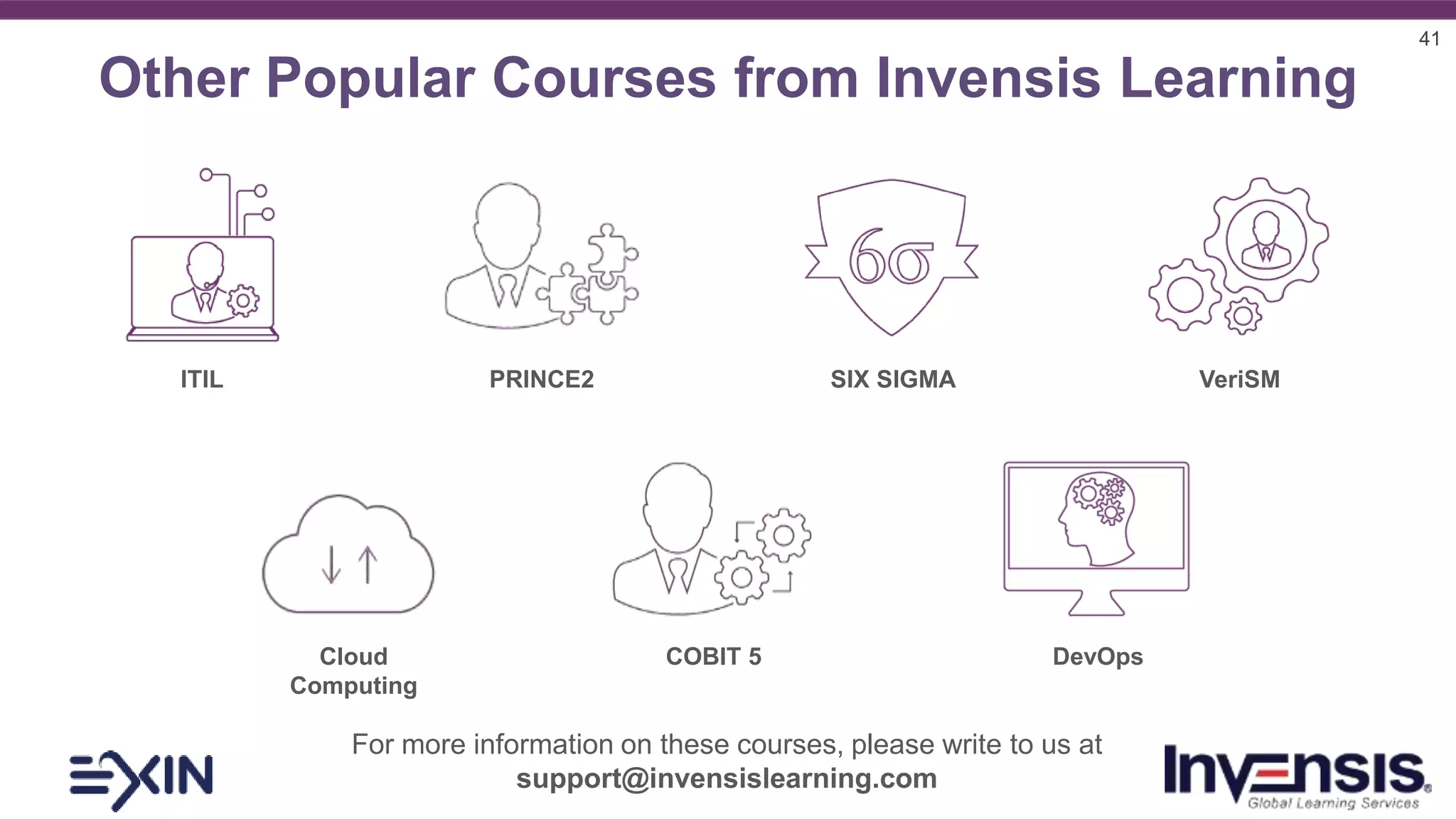 41
Other Popular Courses from Invensis Learning
Cloud
Computing
COBIT 5 DevOps
PRINCE2 SIX SIGMA VeriSMITIL
For more information on these courses, please write to us at
support@invensislearning.com
 