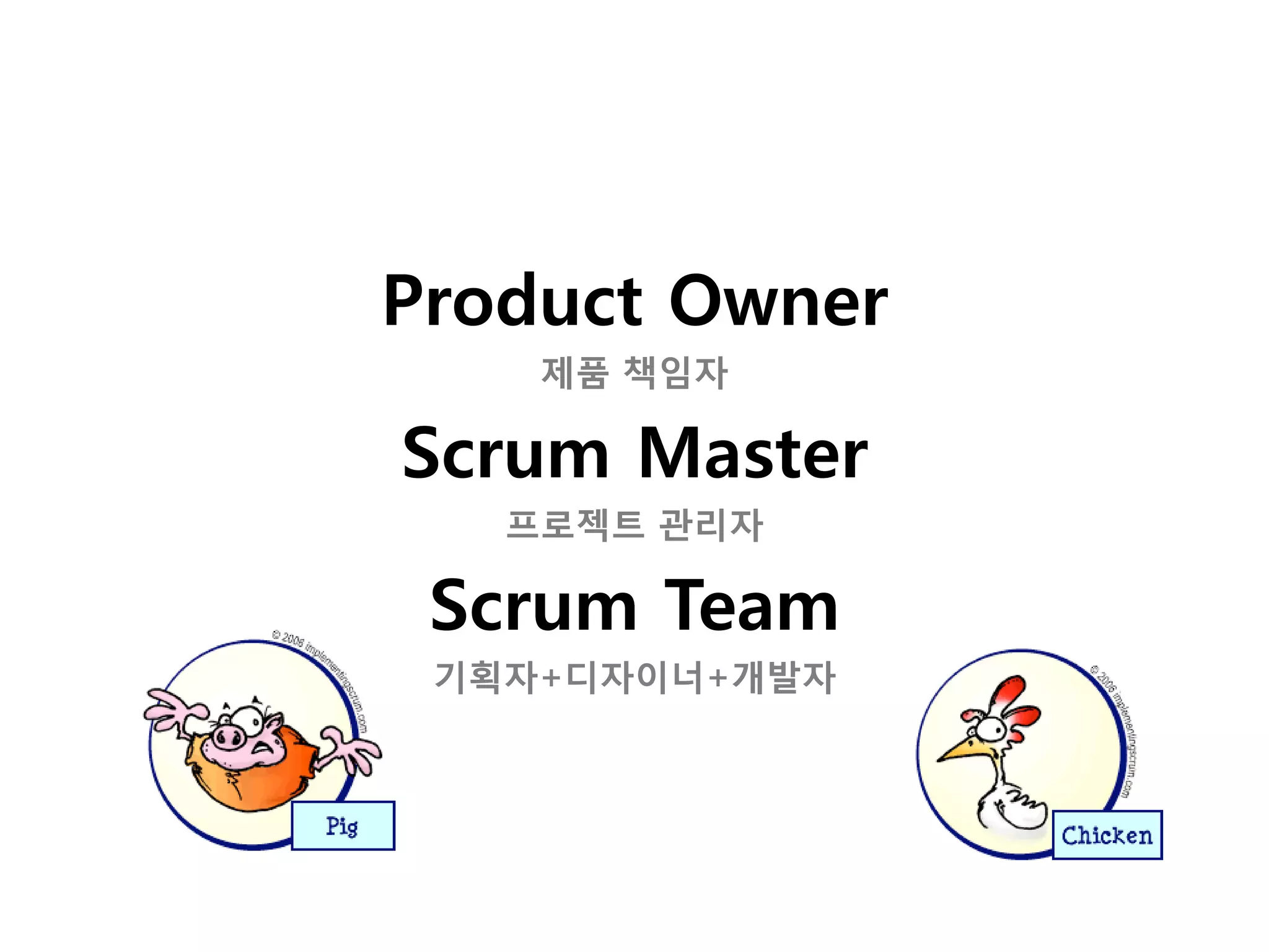 Product Owner
    제품 책임자

Scrum Master
   프로젝트 관리자

 Scrum Team
 기획자+디자이너+개발자
 
