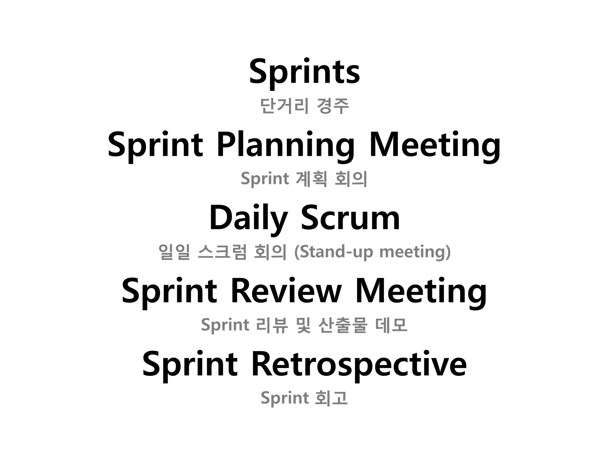 Sprints
           단거리 경주

Sprint Planning Meeting
         Sprint 계획 회의

      Daily Scrum
  일일 스크럼 회의 (Stand-up meeting)

Sprint Review Meeting
      Sprint 리뷰 및 산출물 데모

  Sprint Retrospective
           Sprint 회고
 