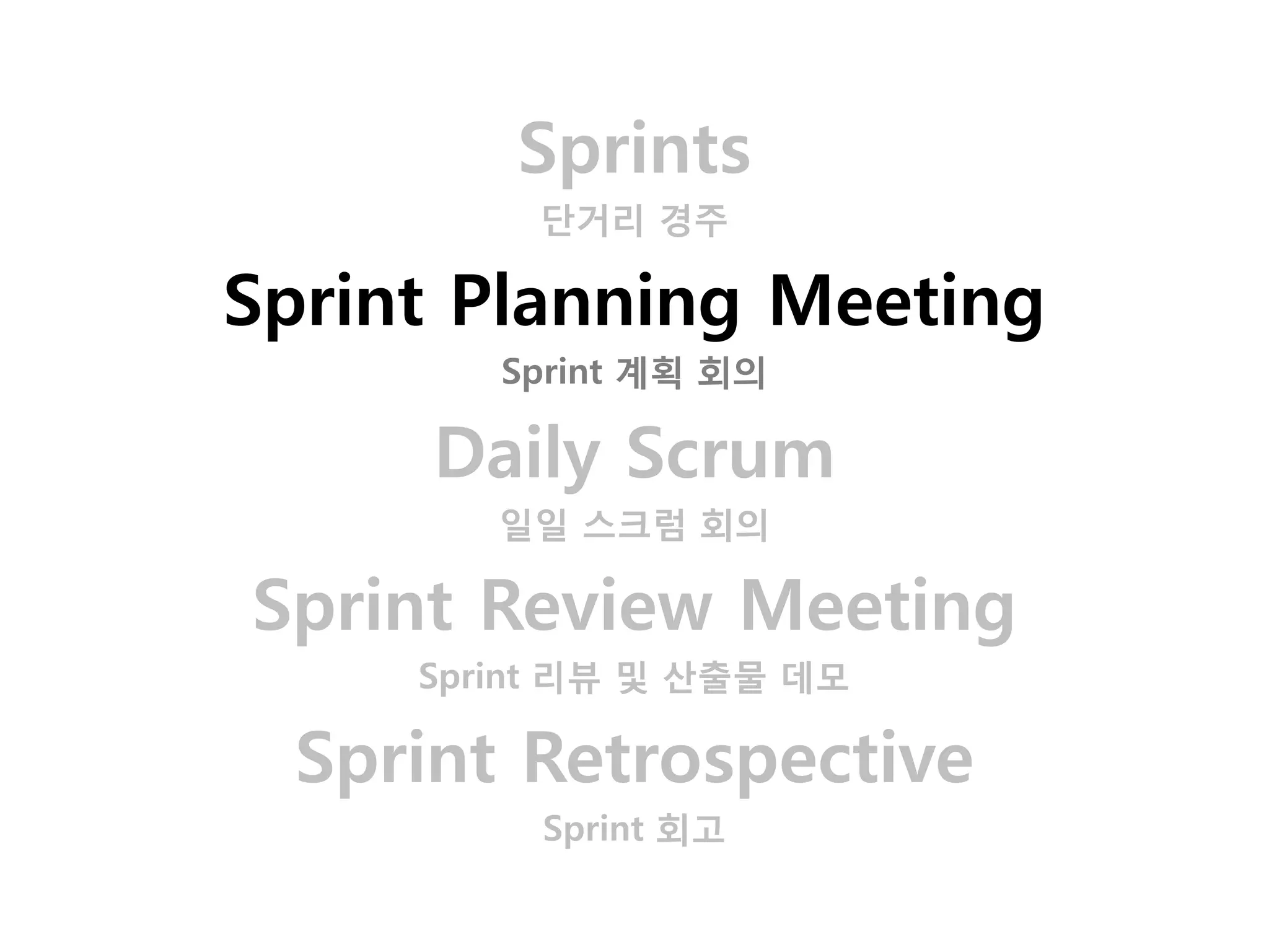 Sprints
          단거리 경주

Sprint Planning Meeting
        Sprint 계획 회의

      Daily Scrum
        일일 스크럼 회의

Sprint Review Meeting
     Sprint 리뷰 및 산출물 데모

  Sprint Retrospective
          Sprint 회고
 