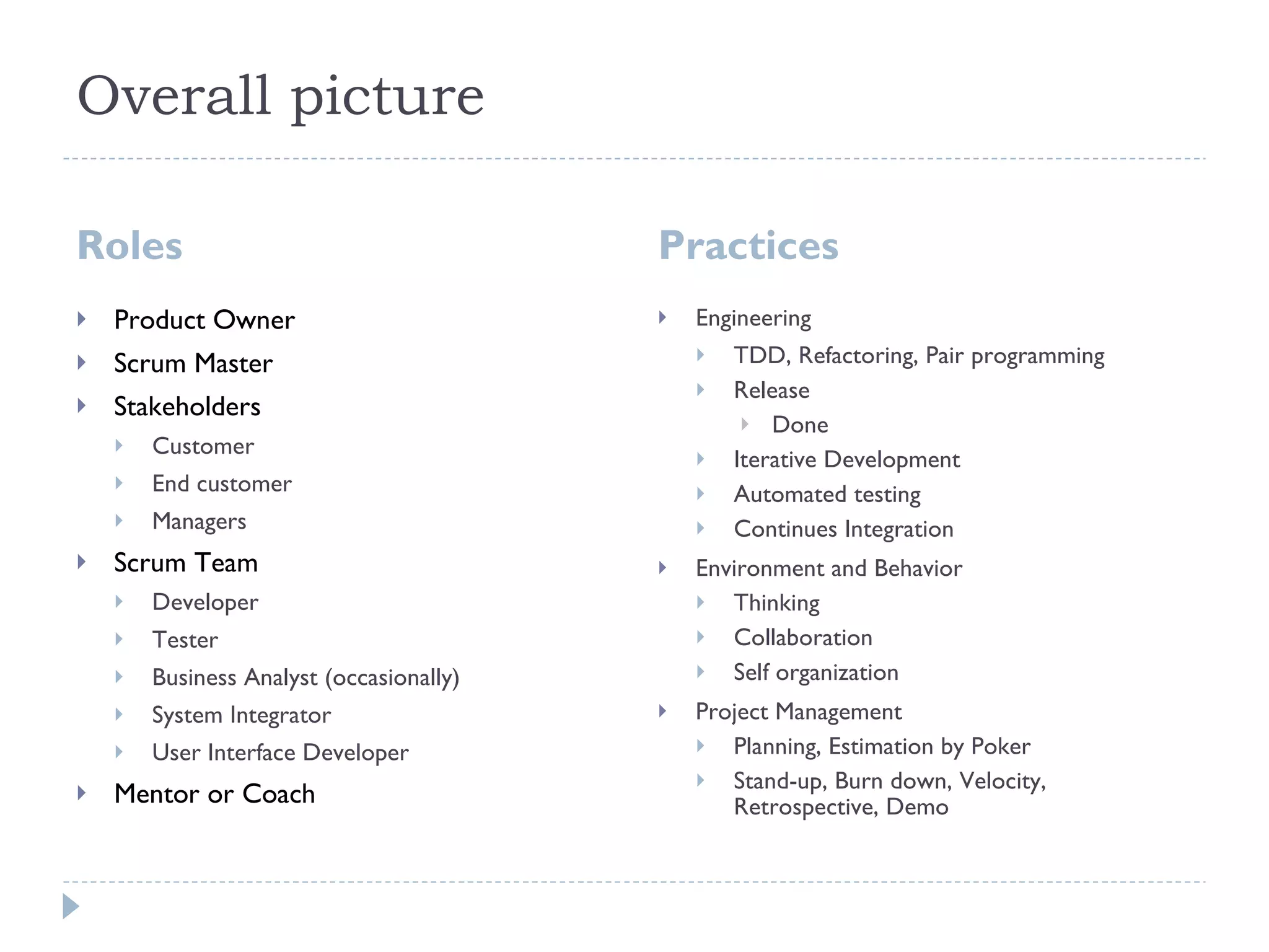 Overall picture  Roles Practices  Product Owner Scrum Master Stakeholders  Customer End customer Managers Scrum Team  Developer Tester Business Analyst (occasionally) System Integrator User Interface Developer Mentor or Coach Engineering  TDD, Refactoring, Pair programming  Release  Done Iterative Development  Automated testing  Continues Integration  Environment and Behavior Thinking  Collaboration Self organization Project Management Planning, Estimation by Poker  Stand-up, Burn down, Velocity, Retrospective, Demo 