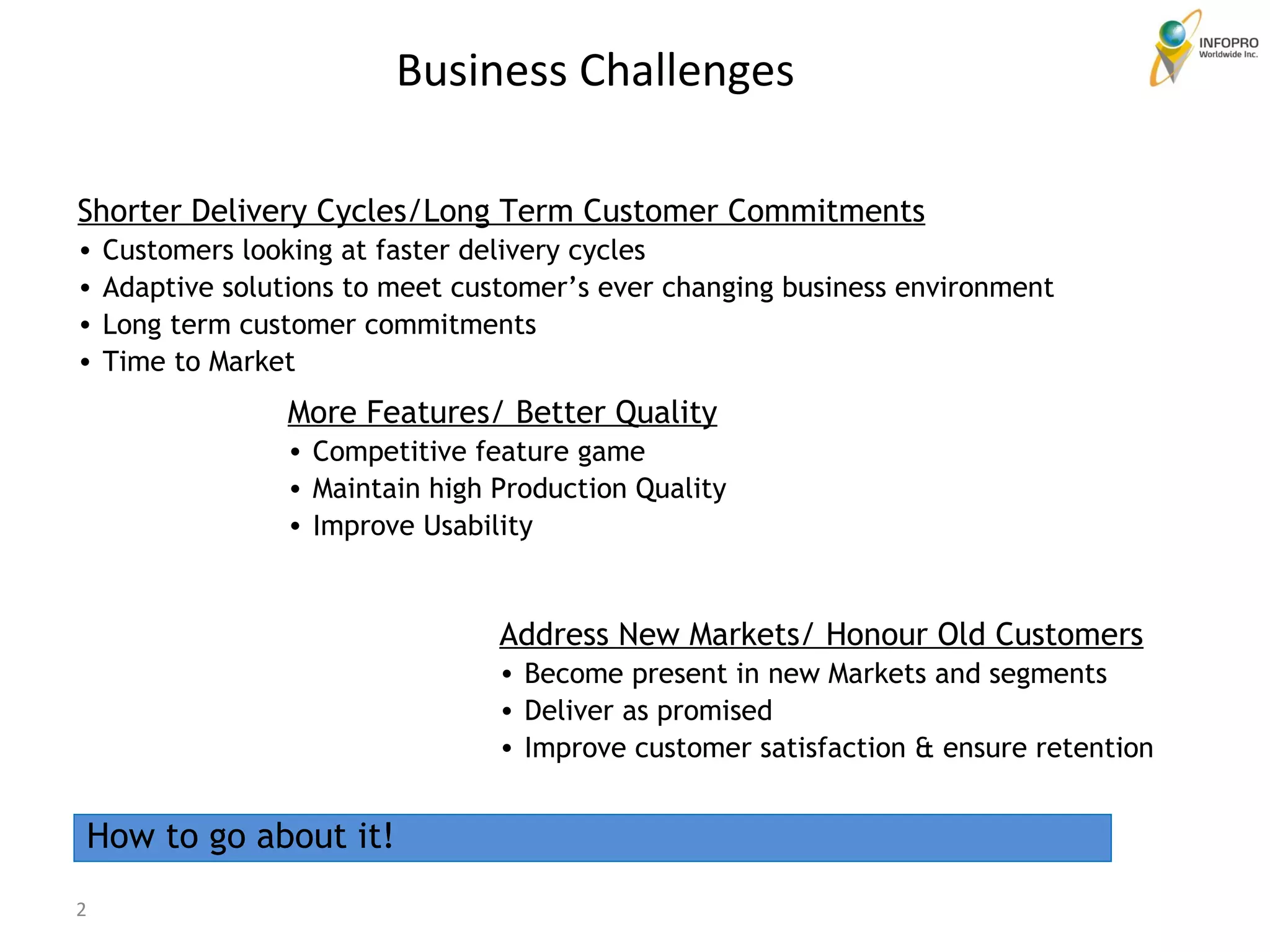 Shorter Delivery Cycles/Long Term Customer Commitments Customers looking at faster delivery cycles Adaptive solutions to meet customer’s ever changing business environment Long term customer commitments Time to Market More Features/ Better Quality Competitive feature game Maintain high Production Quality Improve Usability Address New Markets/ Honour Old Customers Become present in new Markets and segments Deliver as promised  Improve customer satisfaction & ensure retention How to go about it! Business Challenges 